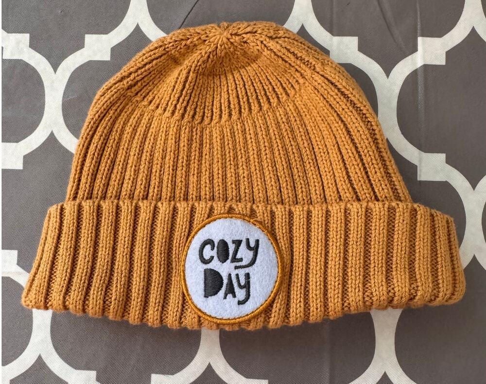 New NORDSTROM Baby Tan Cinnamon Cozy Day Patch Ribbed Beanie Hat Size 12-24M